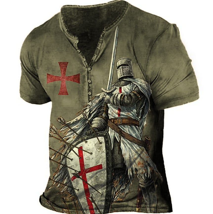 Men's Vintage Templar Cross Henley Collar T-Shirt