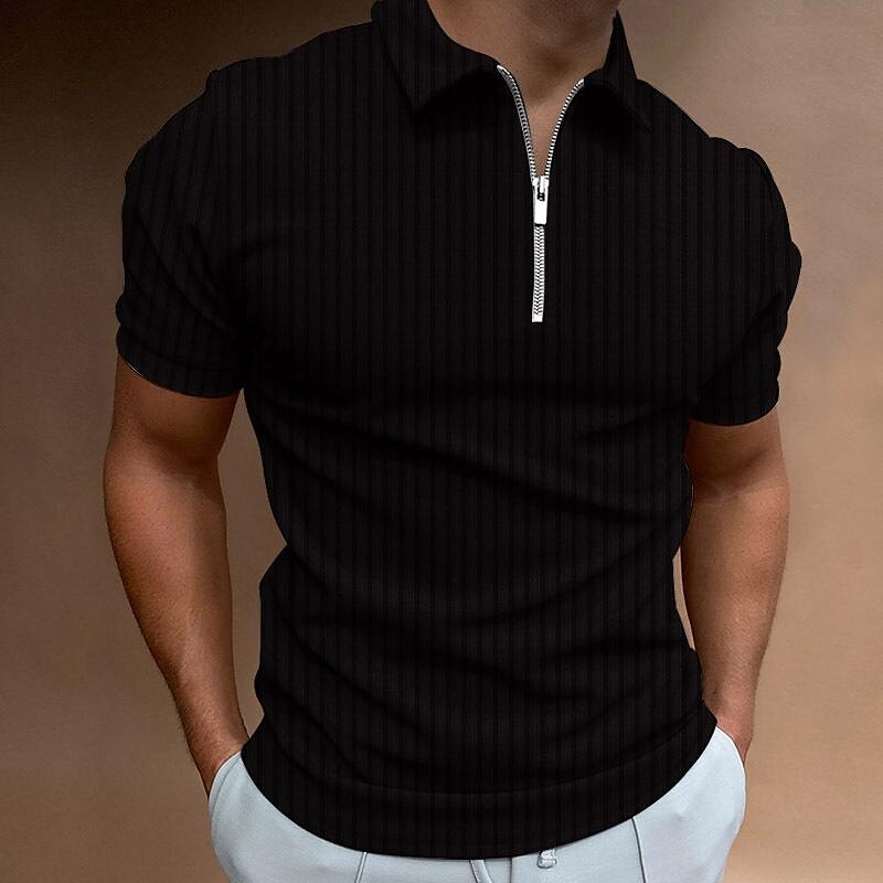 men's striped zipper short sleeve elastic polo shirt top t-shirt