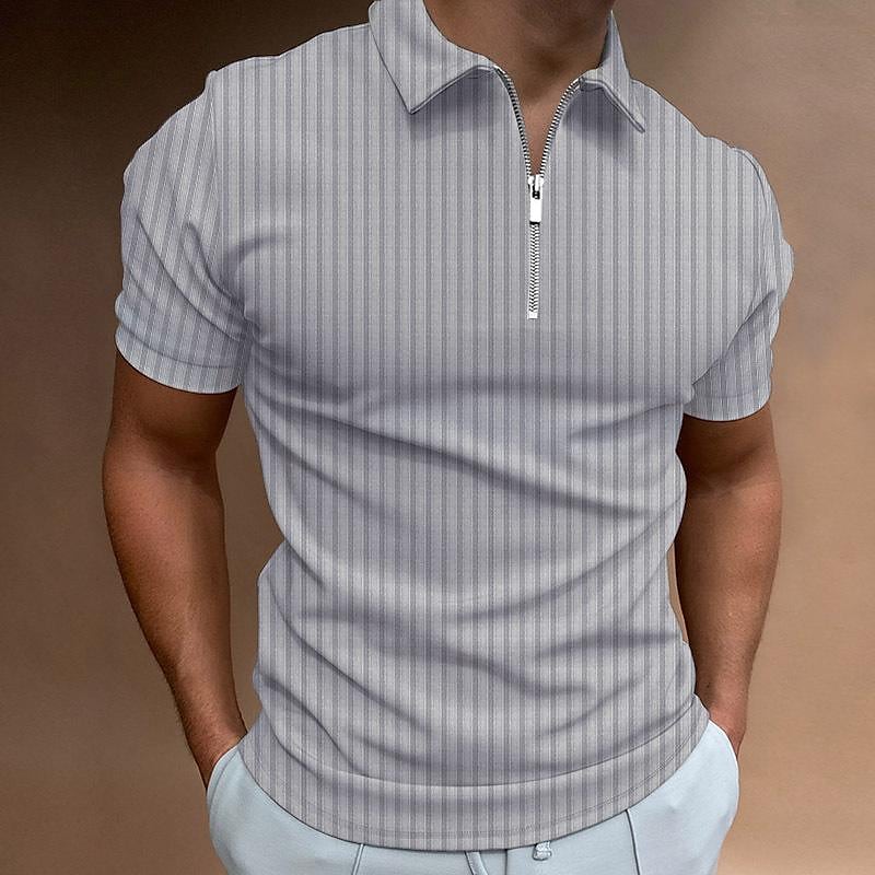 men's striped zipper short sleeve elastic polo shirt top t-shirt