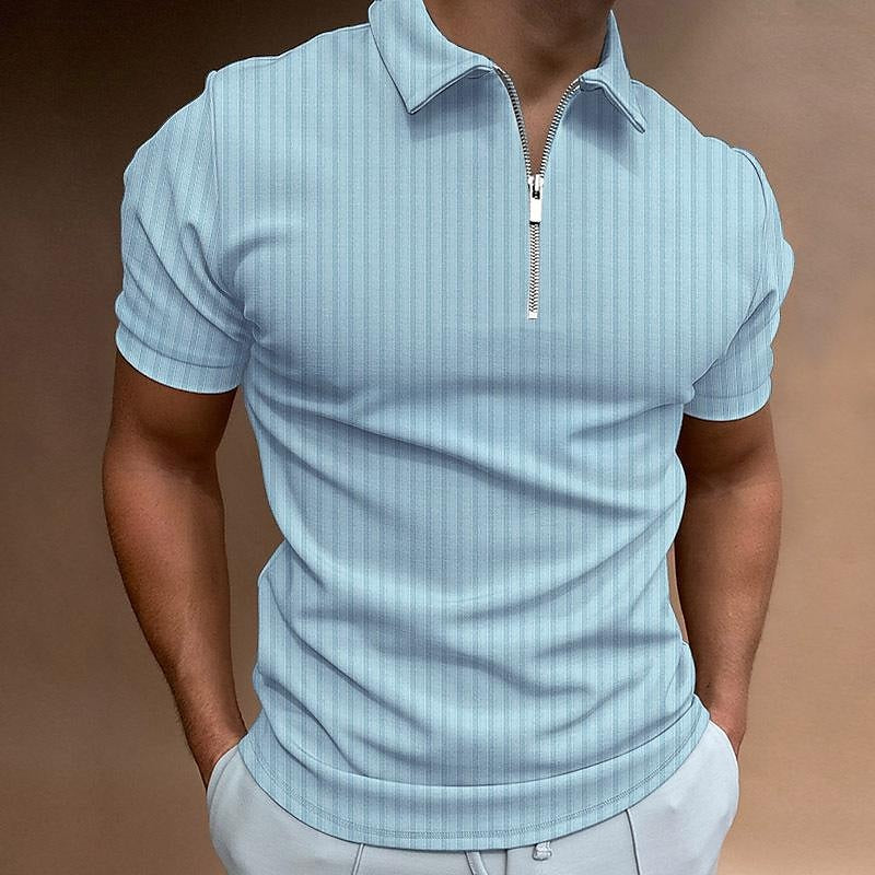 men's striped zipper short sleeve elastic polo shirt top t-shirt
