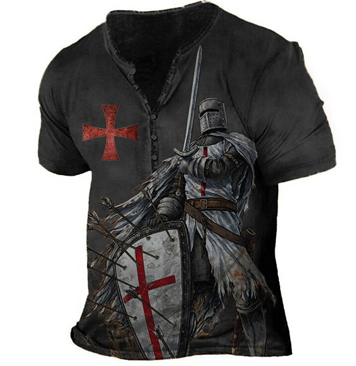 Men's Vintage Templar Cross Henley Collar T-Shirt