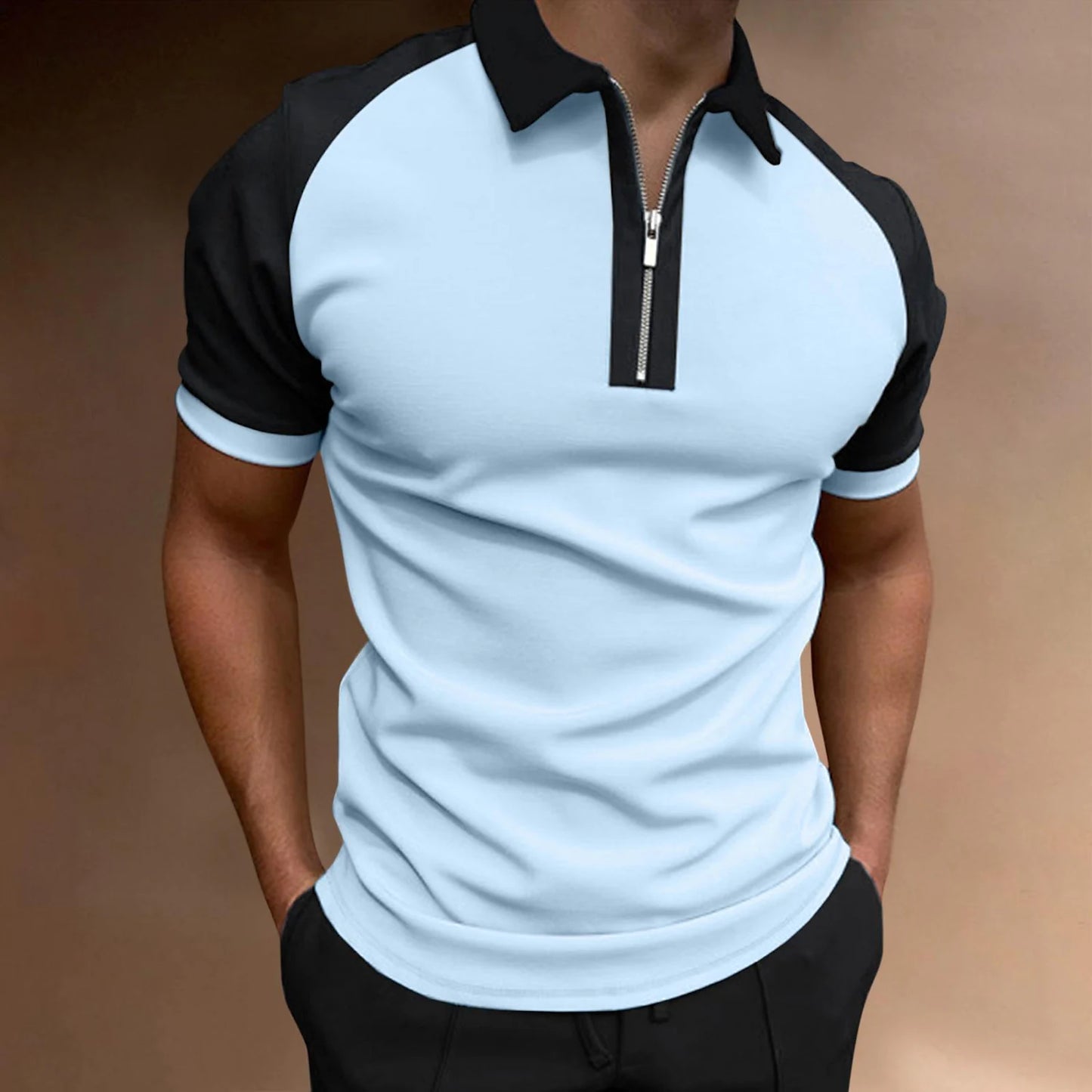 Men's new polo shirt zipper raglan sleeve t-shirt top