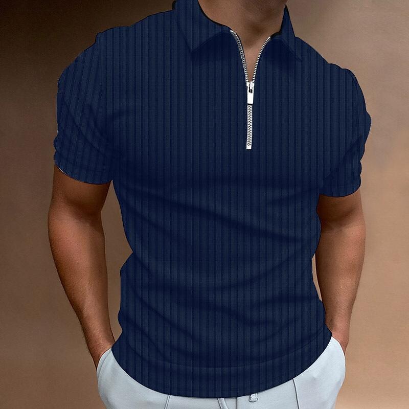 men's striped zipper short sleeve elastic polo shirt top t-shirt