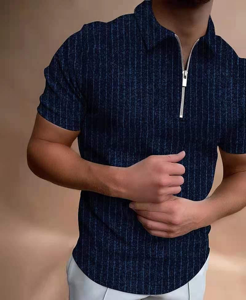 men's new polo shirt zipper stripe color matching t-shirt