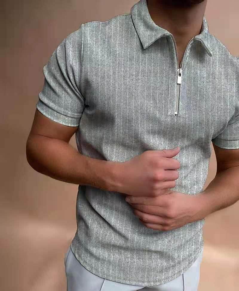 men's new polo shirt zipper stripe color matching t-shirt