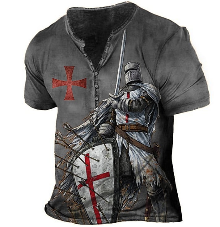 Men's Vintage Templar Cross Henley Collar T-Shirt
