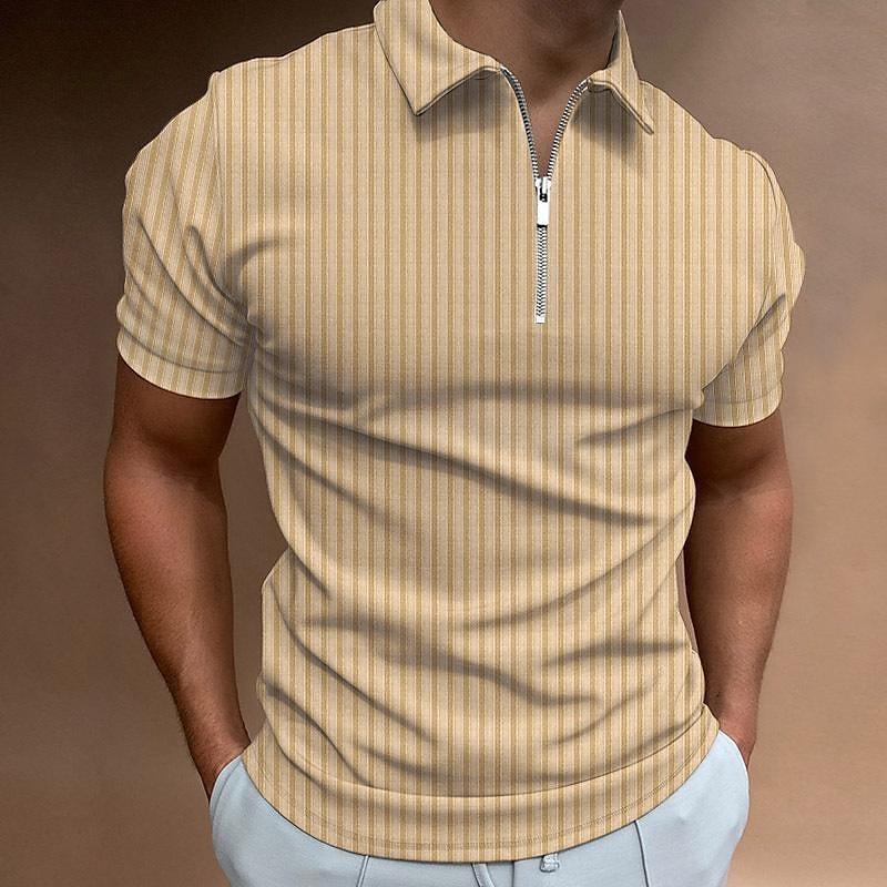 men's striped zipper short sleeve elastic polo shirt top t-shirt