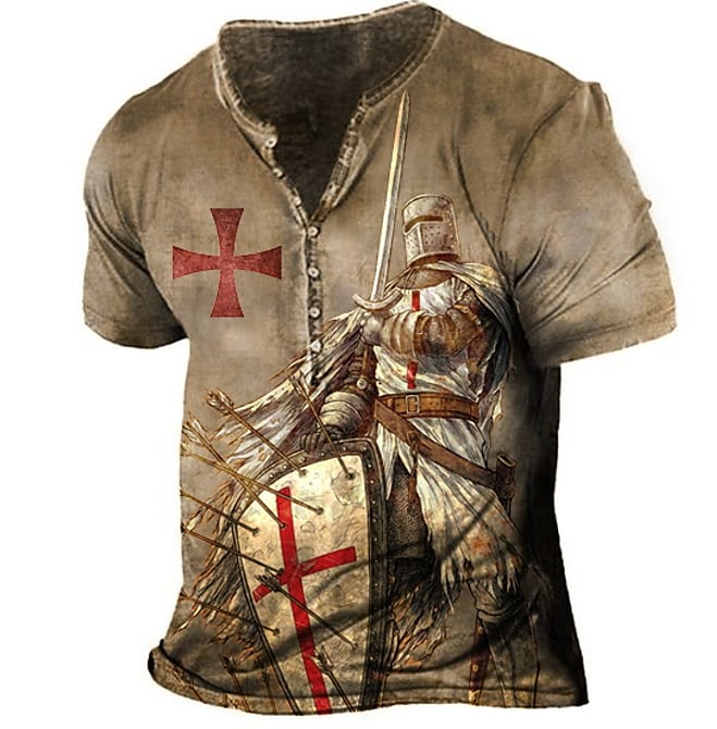Men's Vintage Templar Cross Henley Collar T-Shirt