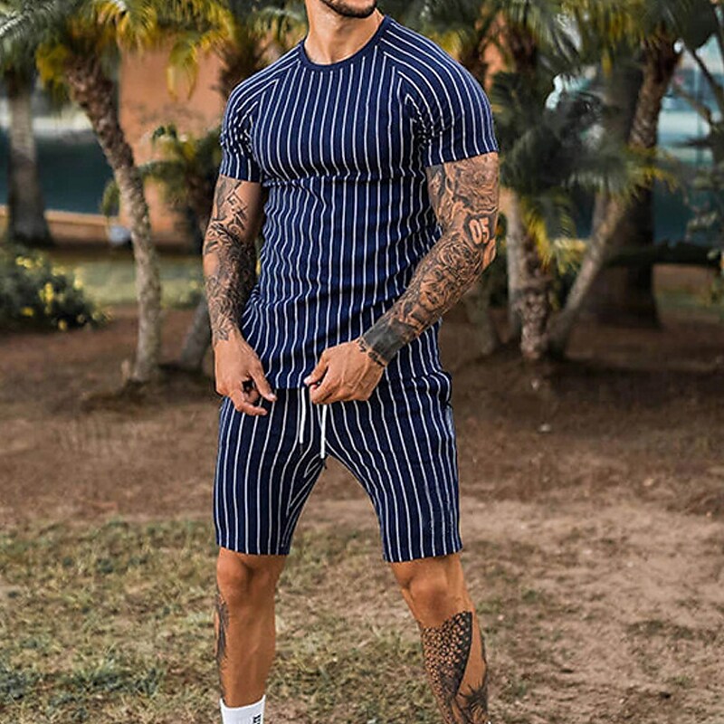 Men's T-shirt Suits Tracksuit Tennis Shirt Shorts and T Shirt Set Set Striped Crew Neck Outdoor Street Short Sleeve 2 Piece