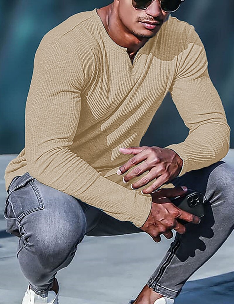 Men's Knitting Basic T-shirt Tee Top Long Sleeve Plain Pit Strip V Neck