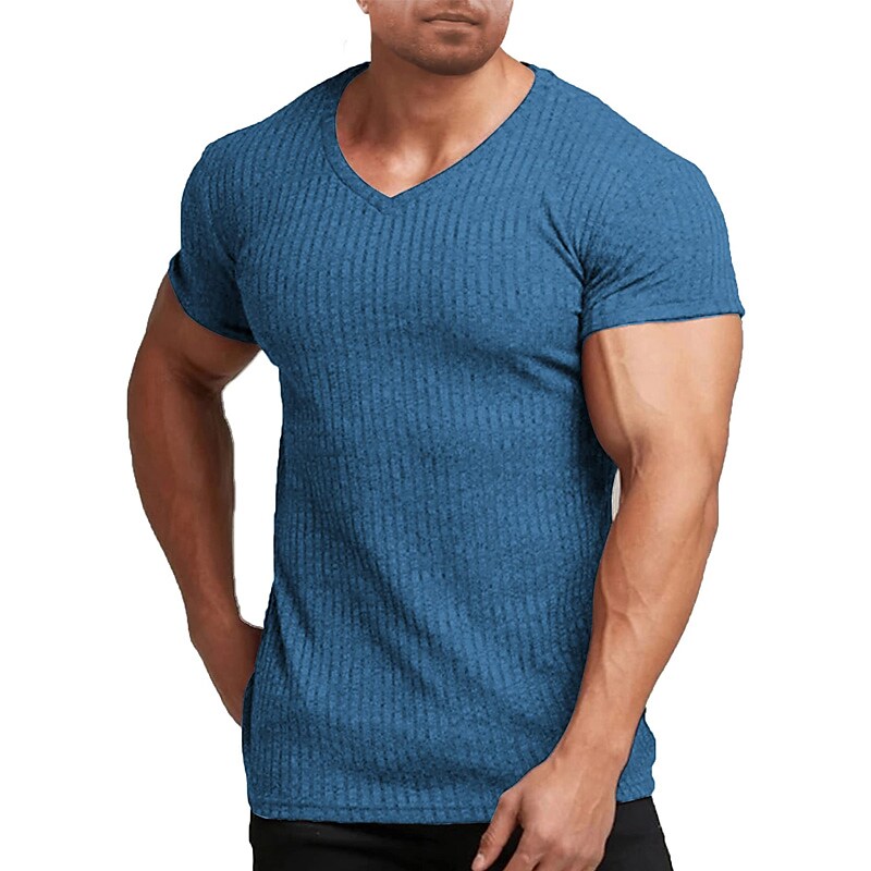 Men's Muscle T-shirt Stretch Short Sleeve V-neck Bodybuilding T-shirt