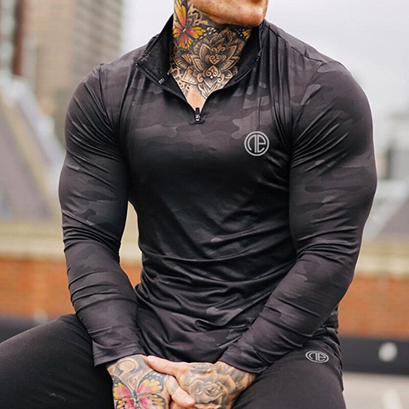 Men's Sport Stand Collar Zipper Long Sleeve Casual T-shirt