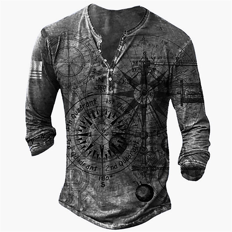 Men's T-shirt Henley Shirt Graphic Long Sleeve Button-Down Print