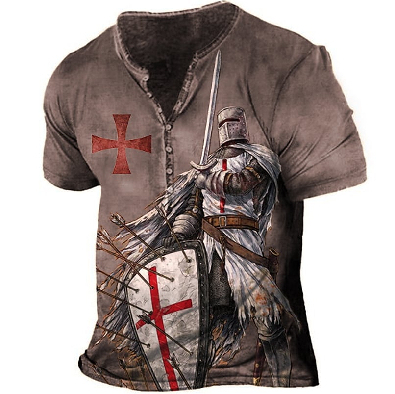 Men's Vintage Templar Cross Henley Collar T-Shirt