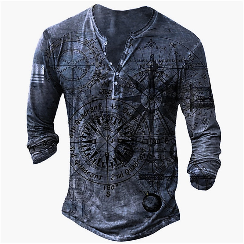 Men's T-shirt Henley Shirt Graphic Long Sleeve Button-Down Print