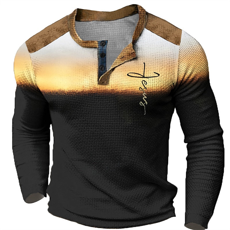 Men's Graphic Color Block Faith Fashion Designer Casual 3D Print Waffle Sports Outdoor Holiday Festival Long Sleeve Spring & Fall Henley T-Shirt