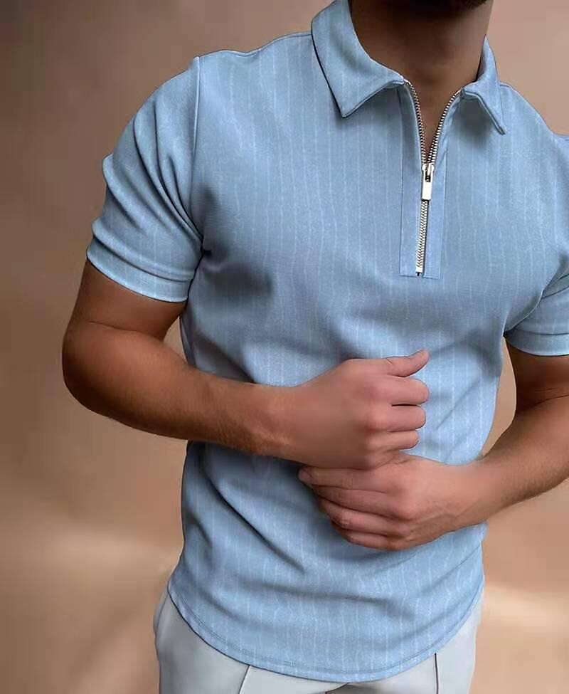 men's new polo shirt zipper stripe color matching t-shirt