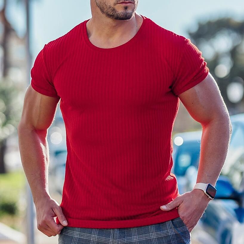 Men's Summer Sports Fitness Leisure Elastic Vertical Strip Round Neck Short-sleeved T-shirt