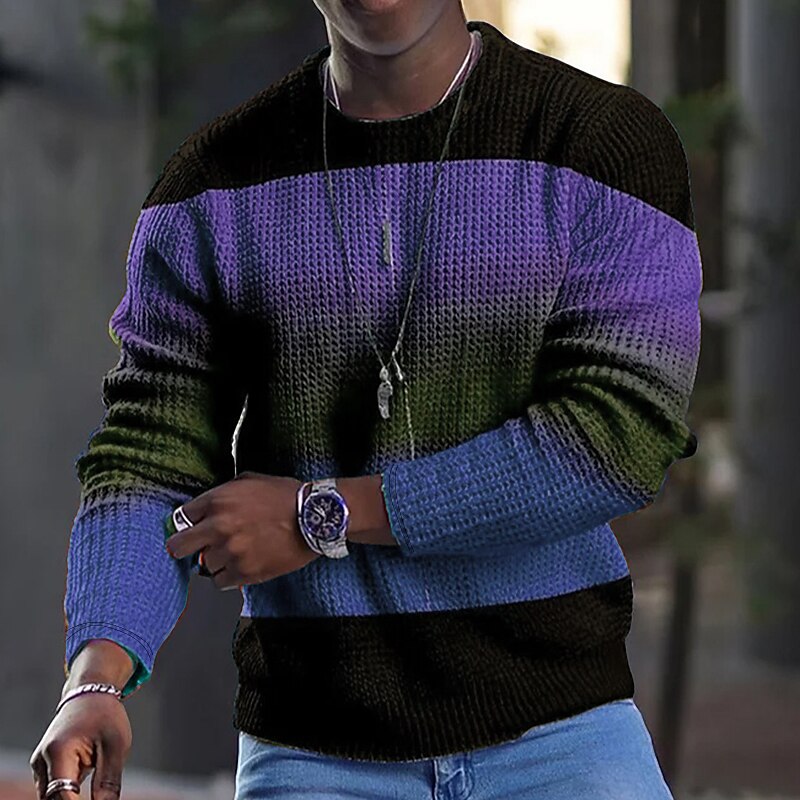 Men'S Tee Waffle Graphic Block Crew Neck 3D Print Outdoor Long Sleeve T-shirts