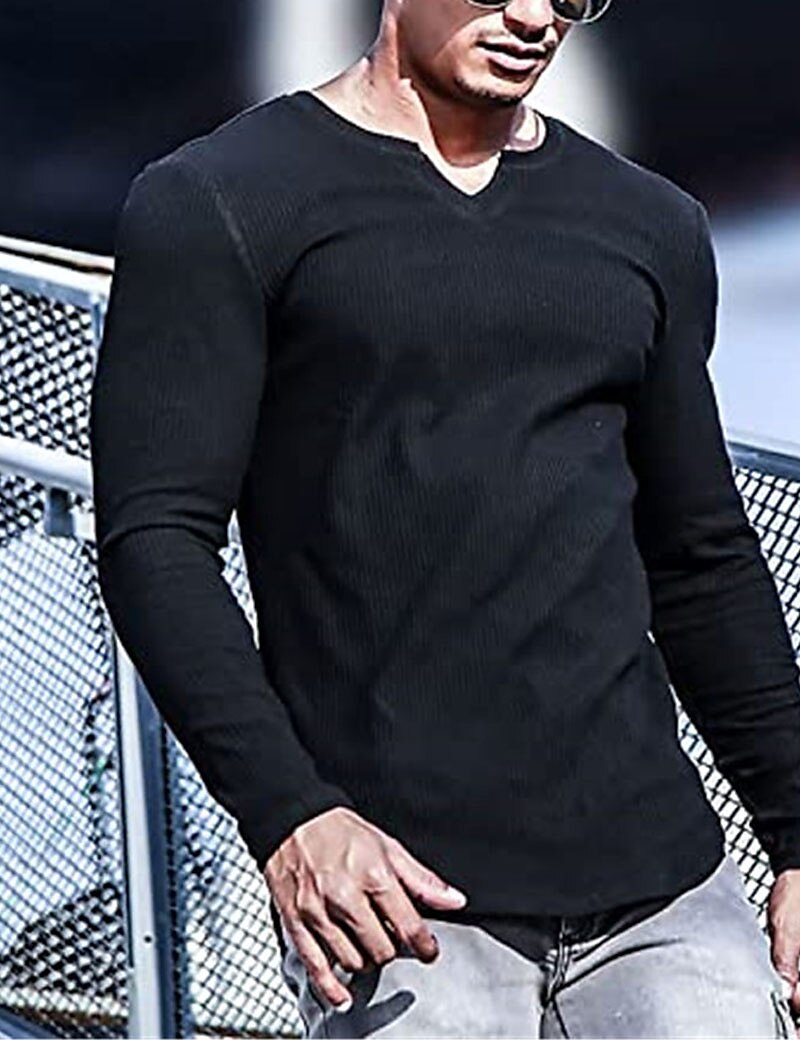 Men's Knitting Basic T-shirt Tee Top Long Sleeve Plain Pit Strip V Neck
