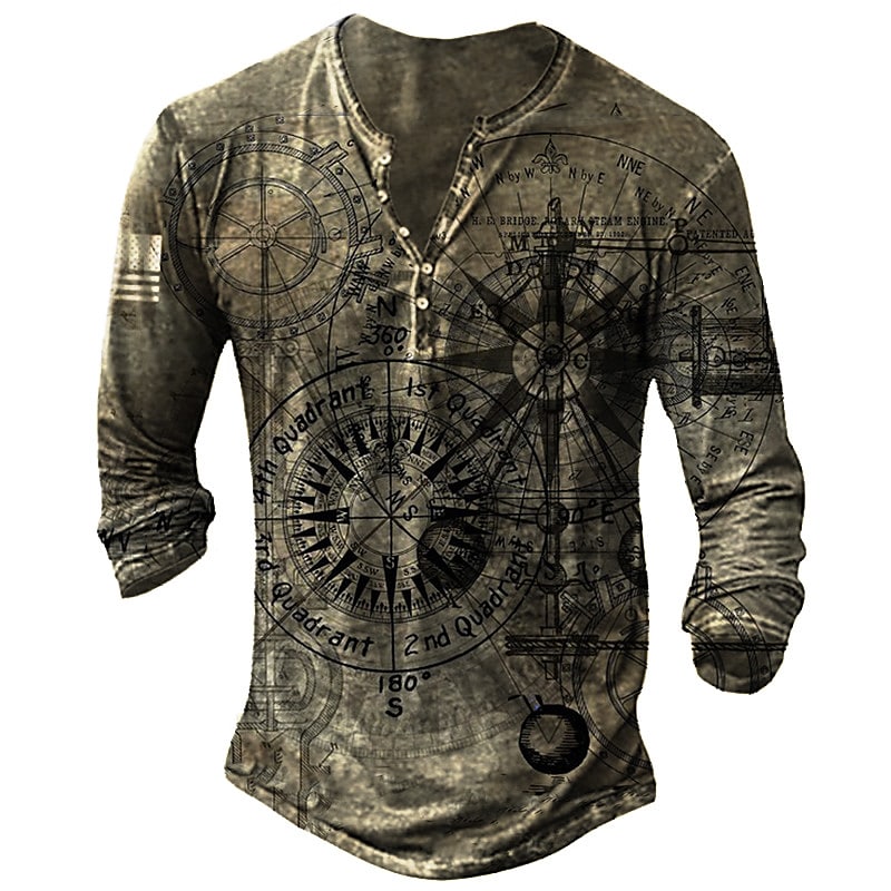 Men's T-shirt Henley Shirt Graphic Long Sleeve Button-Down Print