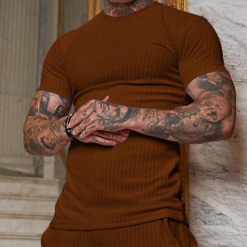 Men's Summer Sports Fitness Leisure Elastic Vertical Strip Round Neck Short-sleeved T-shirt