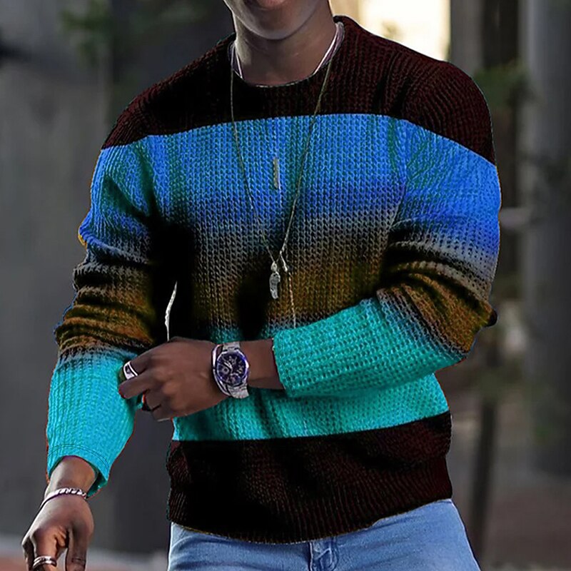 Men'S Tee Waffle Graphic Block Crew Neck 3D Print Outdoor Long Sleeve T-shirts