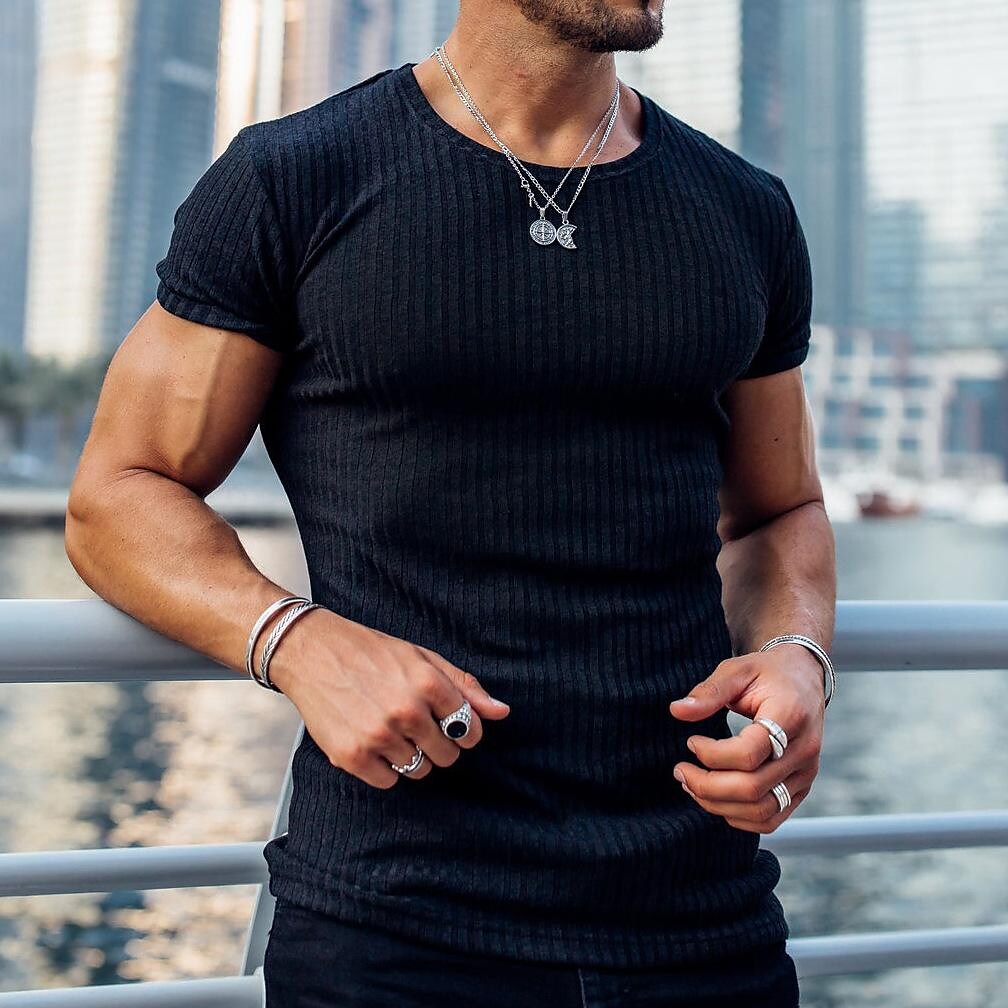 Men's Summer Sports Fitness Leisure Elastic Vertical Strip Round Neck Short-sleeved T-shirt