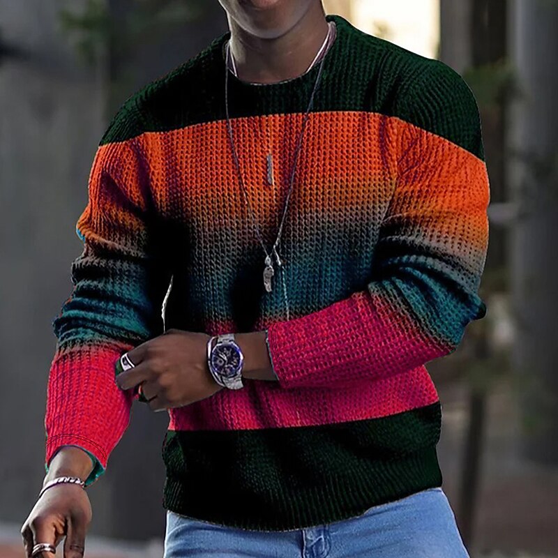 Men'S Tee Waffle Graphic Block Crew Neck 3D Print Outdoor Long Sleeve T-shirts