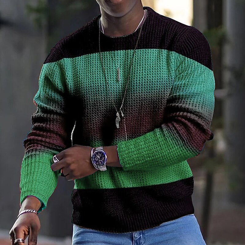Men'S Tee Waffle Graphic Block Crew Neck 3D Print Outdoor Long Sleeve T-shirts