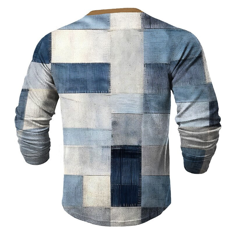 Men's Fashion Casual 3D Printed Waffle Henley Outdoor Holiday Festival Long Sleeve Spring & Fall Clothing T-Shirt