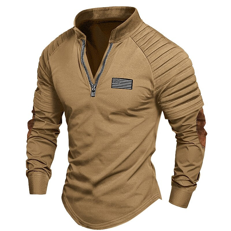 Men's Quarter Zip Long Sleeve Color Block Slim Pleated National Flag Street Vacation Patchwork Embroidery Clothing Apparel Fashion Designer Basic T-shirt