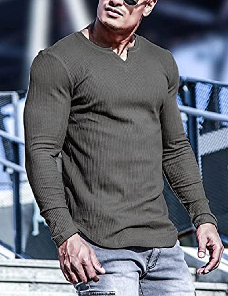 Men's Knitting Basic T-shirt Tee Top Long Sleeve Plain Pit Strip V Neck