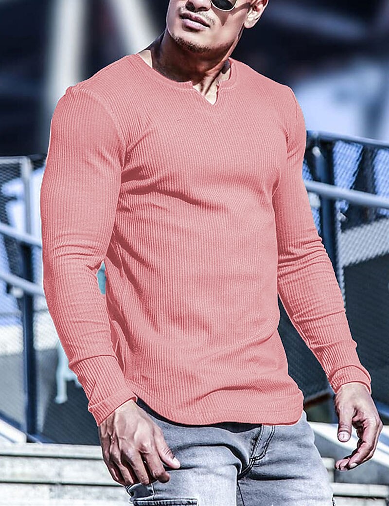 Men's Knitting Basic T-shirt Tee Top Long Sleeve Plain Pit Strip V Neck