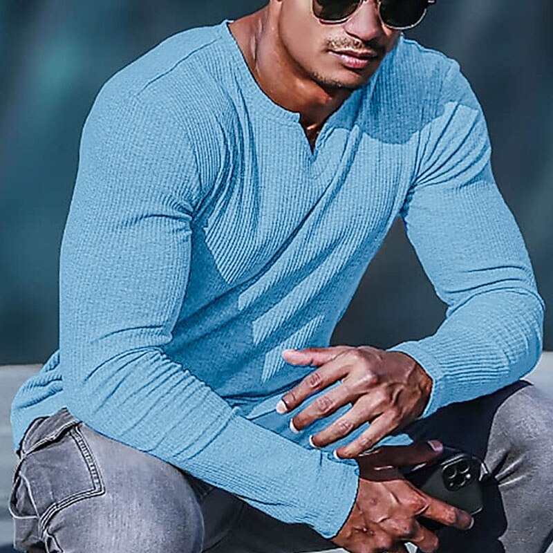 Men's Knitting Basic T-shirt Tee Top Long Sleeve Plain Pit Strip V Neck