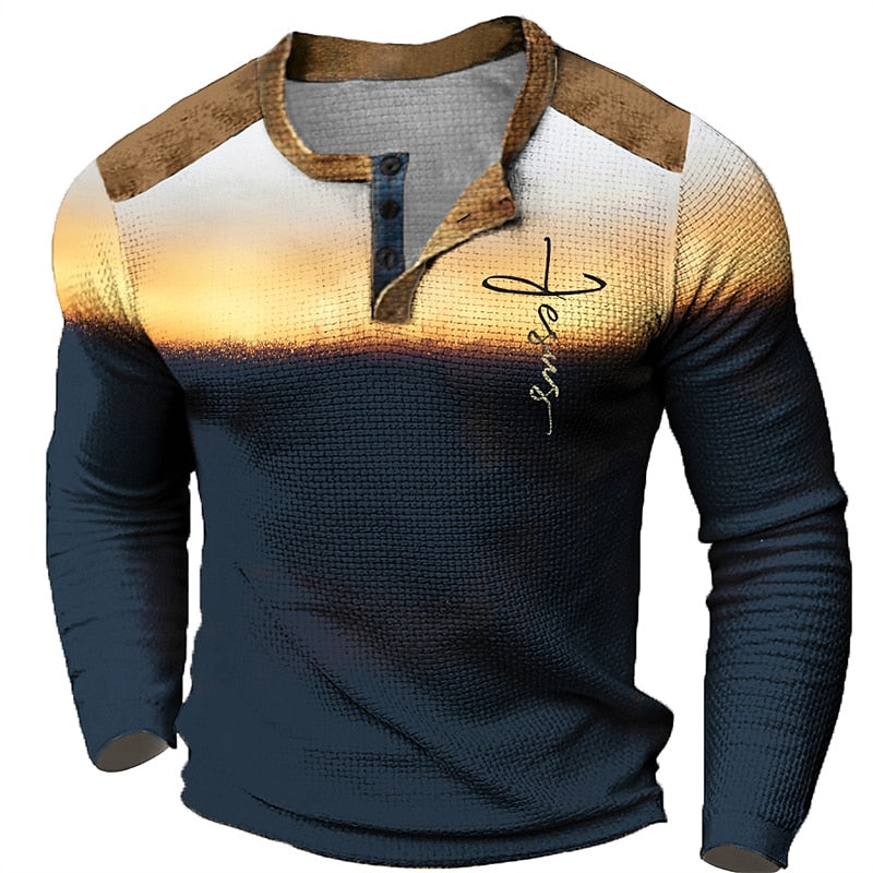 Men's Graphic Color Block Faith Fashion Designer Casual 3D Print Waffle Sports Outdoor Holiday Festival Long Sleeve Spring & Fall Henley T-Shirt