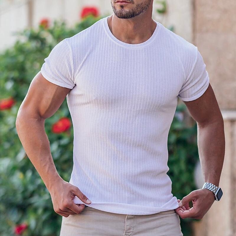 Men's Summer Sports Fitness Leisure Elastic Vertical Strip Round Neck Short-sleeved T-shirt