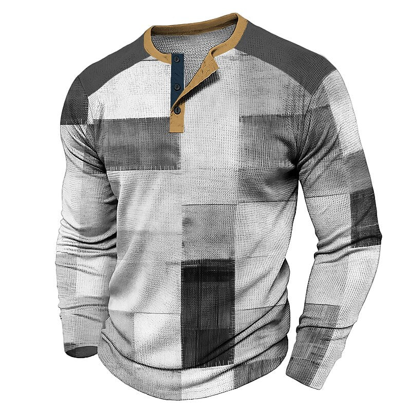 Men's Fashion Casual 3D Printed Waffle Henley Outdoor Holiday Festival Long Sleeve Spring & Fall Clothing T-Shirt