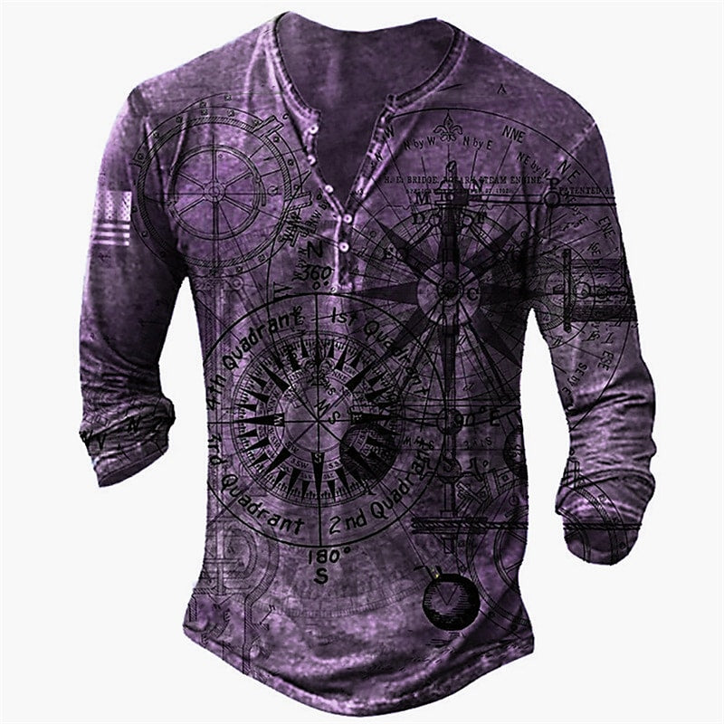 Men's T-shirt Henley Shirt Graphic Long Sleeve Button-Down Print