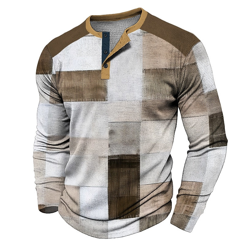Men's Fashion Casual 3D Printed Waffle Henley Outdoor Holiday Festival Long Sleeve Spring & Fall Clothing T-Shirt