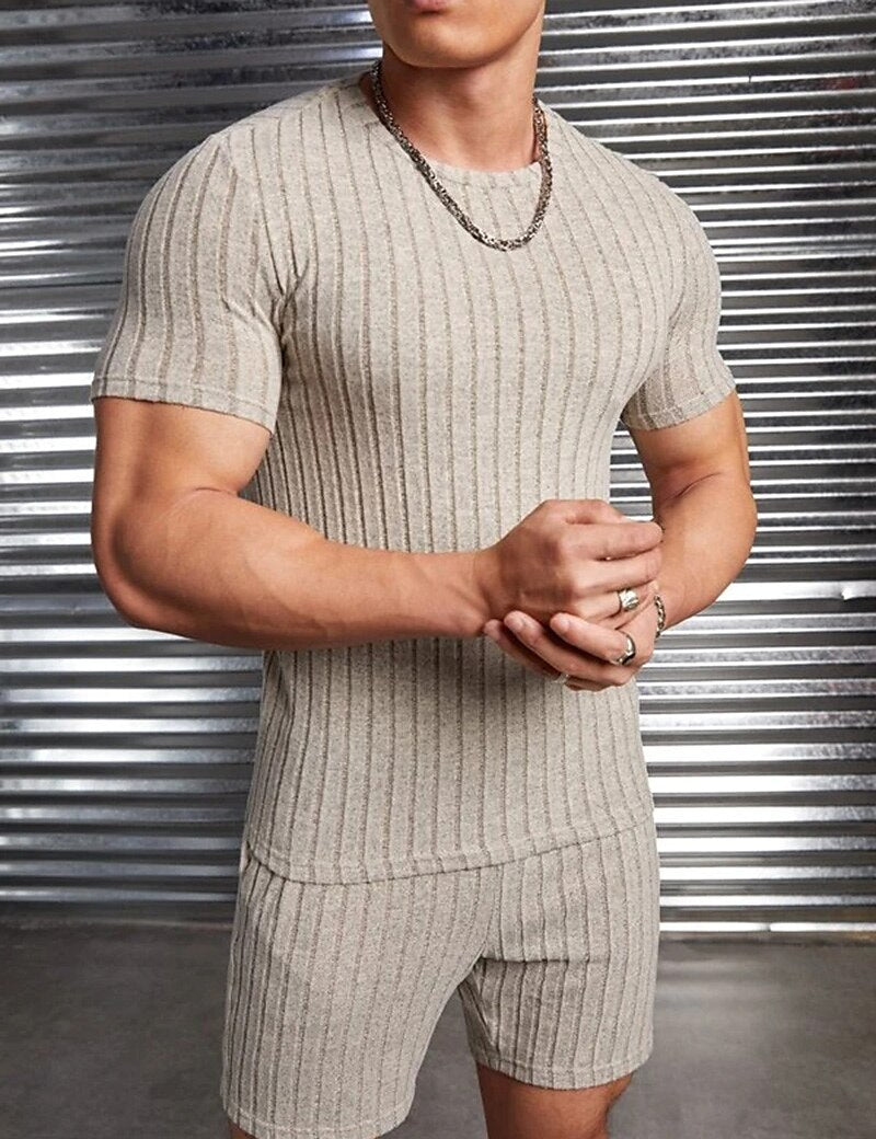 Men's T-shirt Suits Ribbed Knit Tee & Shorts Plain Crew Neck Daily Wear Vacation Short Sleeves Clothing Apparel Gymnatics Casual