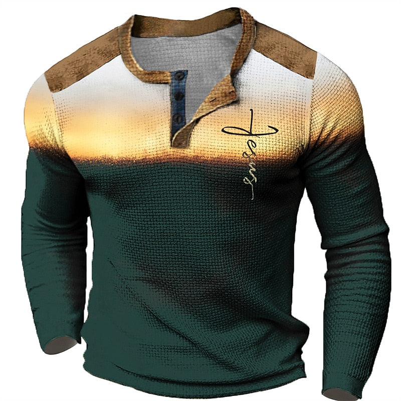 Men's Graphic Color Block Faith Fashion Designer Casual 3D Print Waffle Sports Outdoor Holiday Festival Long Sleeve Spring & Fall Henley T-Shirt
