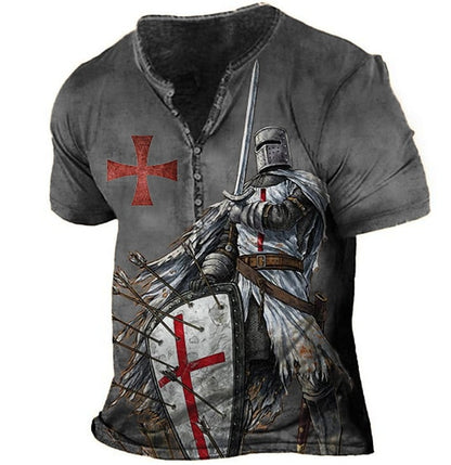 Men's Vintage Templar Cross Henley Collar T-Shirt