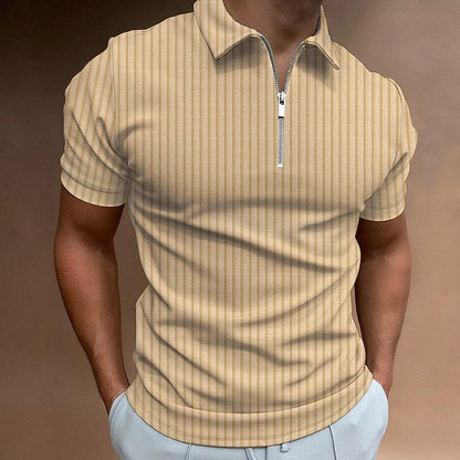 men's striped zipper short sleeve elastic polo shirt top t-shirt