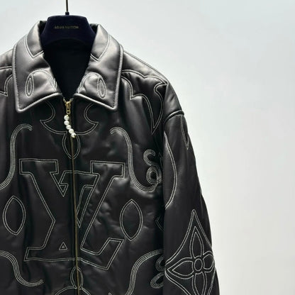 Embroidered Leather Aviator Jacket