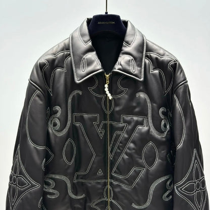 Embroidered Leather Aviator Jacket