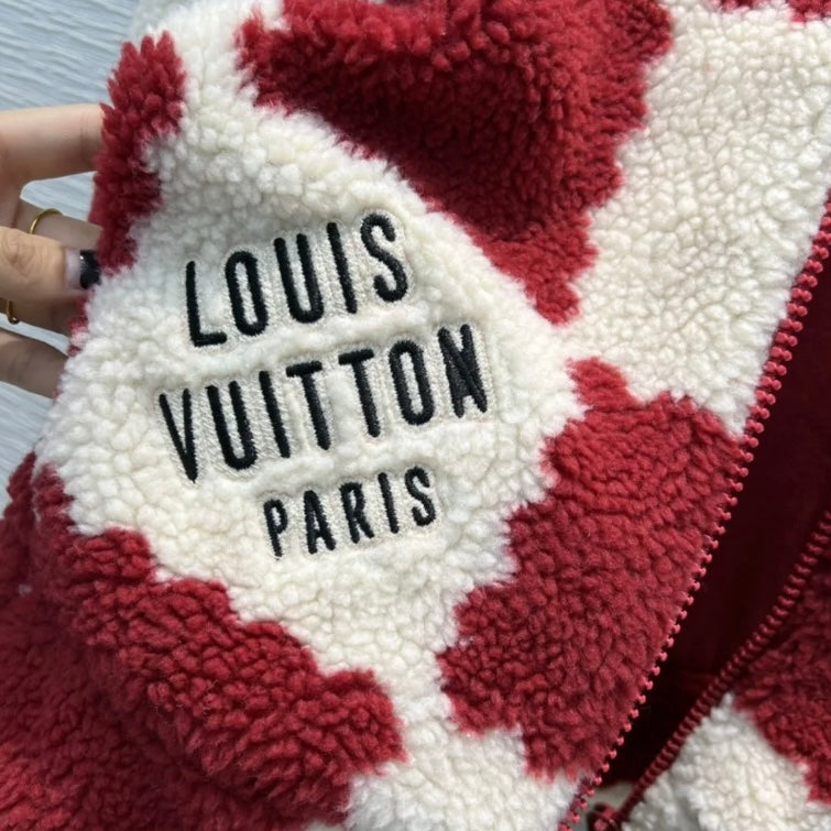 Red & White Checkered Shearling Jacket