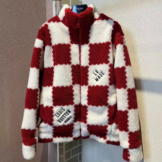 Red & White Checkered Shearling Jacket