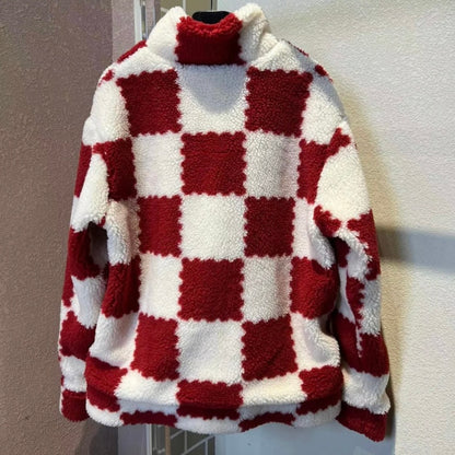 Red & White Checkered Shearling Jacket