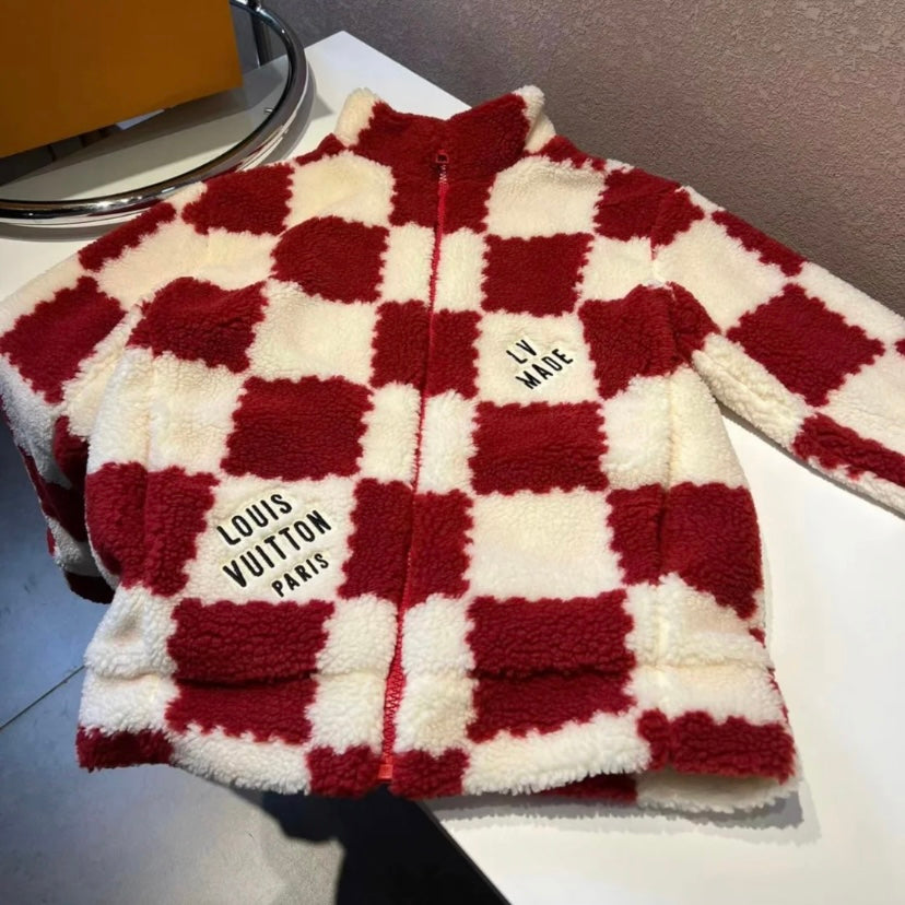 Red & White Checkered Shearling Jacket